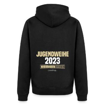 Jugendweihe 2023 Loading - Unisex Premium Bio Zip Hoodie - Schwarz - Hinten - Nico (187cm)