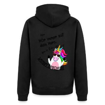 Einhorn meldet sich (schwarze Schrift) - Unisex Premium Bio Zip Hoodie - Schwarz - Hinten - Nico (187cm)