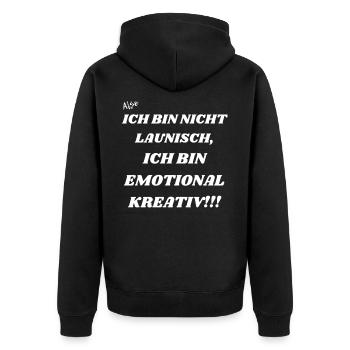 Ich bin nicht launisch sondern kreativ - Unisex Premium Bio Zip Hoodie - Schwarz - Hinten - Nico (187cm)