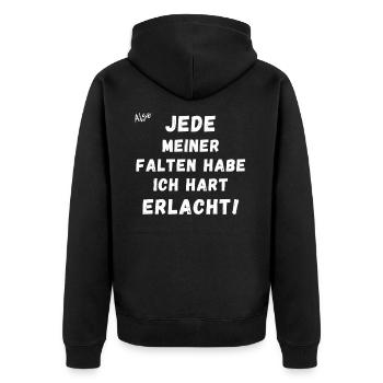 Jede meiner Falten habe ich hart erlacht. - Unisex Premium Bio Zip Hoodie - Schwarz - Hinten - Nico (187cm)