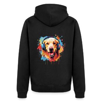 Bunter Golden Retriever mit Kopfhörer - Unisex Premium Bio Zip Hoodie - Schwarz - Hinten - Nico (187cm)
