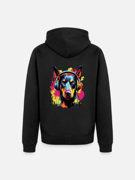 Bunter Dobermann mit Kopfhörer - Unisex Premium Bio Zip Hoodie - Schwarz