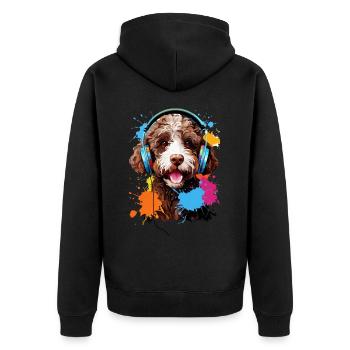 Lagotto Romagnolo mit Kopfhörer - Unisex Premium Bio Zip Hoodie - Schwarz - Hinten - Nico (187cm)