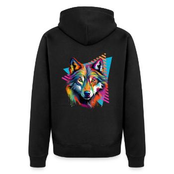 Bunter Wolf Farbspritzer Farbkleckse - Unisex Premium Bio Zip Hoodie - Schwarz - Hinten - Nico (187cm)