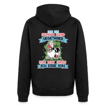 Ich Bin Second Hand Vegetarier Kuh Isst Gras - Unisex Premium Bio Zip Hoodie - Schwarz - Hinten - Nico (187cm)