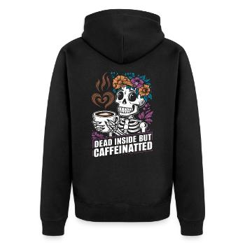Lustiger Kaffee Koffein Skelett Spruch - Unisex Premium Bio Zip Hoodie - Schwarz - Hinten - Nico (187cm)