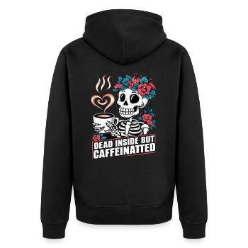Lustiger Kaffee Koffein Skelett Spruch - Unisex Premium Bio Zip Hoodie - Schwarz - Hinten - Nico (187cm)