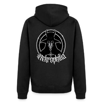 Pest Liebe Rabenmaske - Unisex Premium Bio Zip Hoodie - Schwarz - Hinten - Nico (187cm)