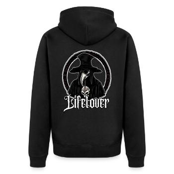 Dr med Lifelover Pestarzt - Unisex Premium Bio Zip Hoodie - Schwarz - Hinten - Nico (187cm)