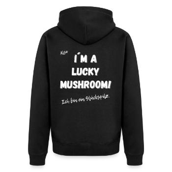Ich bin ein Glückspilz - Unisex Premium Bio Zip Hoodie - Schwarz - Hinten - Nico (187cm)