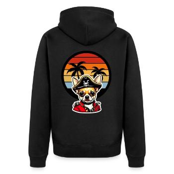 Chihuahua Pirat in Karibik Sonnenuntergang Palmen - Unisex Premium Bio Zip Hoodie - Schwarz - Hinten - Nico (187cm)