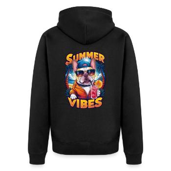 Coole Bulldogge mit Sonnenbrille am Strand - Unisex Premium Bio Zip Hoodie - Schwarz - Hinten - Nico (187cm)