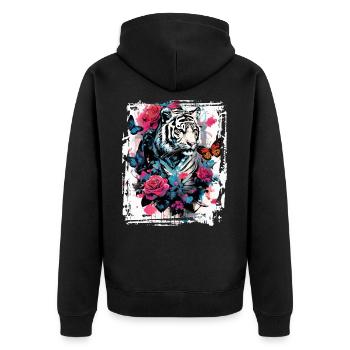 Majestätischer Tiger mit Schmetterlingen und Rosen - Unisex Premium Bio Zip Hoodie - Schwarz - Hinten - Nico (187cm)
