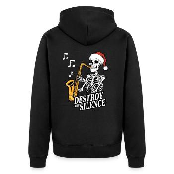 Skelett Saxophon Destroy the Silence Musik - Unisex Premium Bio Zip Hoodie - Schwarz - Hinten - Nico (187cm)