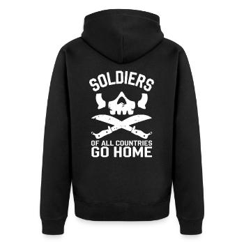 Soldiers of all Countries Go Home Anti Krieg - Unisex Premium Bio Zip Hoodie - Schwarz - Hinten - Nico (187cm)