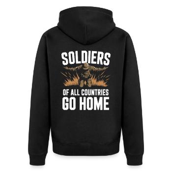 Soldiers of all Countries Go Home Anti Krieg - Unisex Premium Bio Zip Hoodie - Schwarz - Hinten - Nico (187cm)