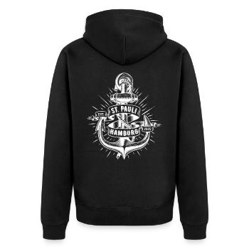 St. Pauli Anker Reeperbahn Kiez - Unisex Premium Bio Zip Hoodie - Schwarz - Hinten - Nico (187cm)