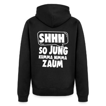 SHHH So Jung Kumma Nimmy Zaum - Unisex Premium Bio Zip Hoodie - Schwarz - Hinten - Nico (187cm)