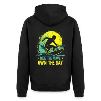 Surfer Ride the Wave – Own the Day Saying - Unisex Premium Organic Zip Hoodie - black - Back - Nico (187cm)
