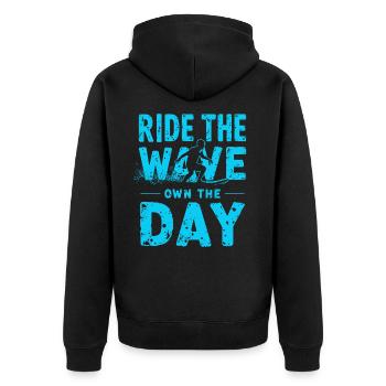 Surfer Ride the Wave – Own the Day Saying - Unisex Premium Organic Zip Hoodie - black - Back - Nico (187cm)