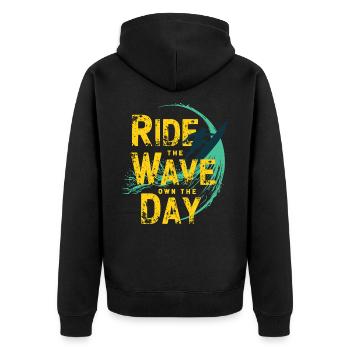 Surfer Ride the Wave – Own the Day Saying - Unisex Premium Organic Zip Hoodie - black - Back - Nico (187cm)