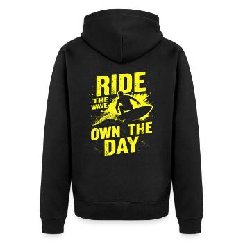 Surfer Ride the Wave – Own the Day Saying - Unisex Premium Organic Zip Hoodie - black - Back - Nico (187cm)