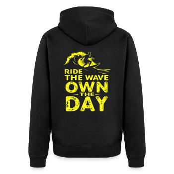 Surfer Ride the Wave – Own the Day Saying - Unisex Premium Organic Zip Hoodie - black - Back - Nico (187cm)