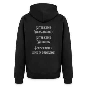 Bitte keine Werbung - Lustiger Spruch Inkasso - Unisex Premium Bio Zip Hoodie - Schwarz - Hinten - Nico (187cm)