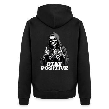 Stay Positive – Lustiger Sensenmann - Unisex Premium Bio Zip Hoodie - Schwarz - Hinten - Nico (187cm)