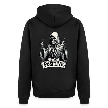 Stay Positive – Lustiger Sensenmann - Unisex Premium Bio Zip Hoodie - Schwarz - Hinten - Nico (187cm)