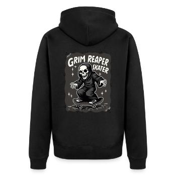 Skateboarding Sensenmann – Grim Reaper Style - Unisex Premium Bio Zip Hoodie - Schwarz - Hinten - Nico (187cm)