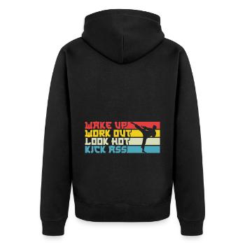 Karate Black Belt Gi Uniform Wake - Unisex Premium Bio Zip Hoodie - Schwarz - Hinten - Nico (187cm)
