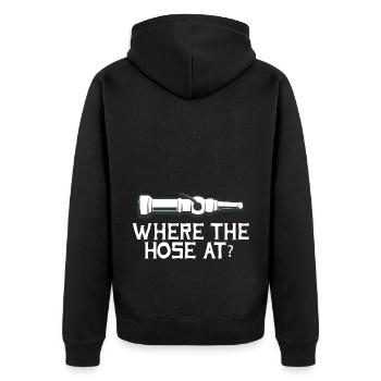 Wo bleibt der Schlauch? Feuerwehrmann Retter Feuer - Unisex Premium Bio Zip Hoodie - Schwarz - Hinten - Nico (187cm)