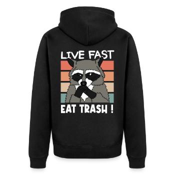 WASCHBÄR RACOON EAT TRASH Weihnachten Geschenk - Unisex Premium Bio Zip Hoodie - Schwarz - Hinten - Nico (187cm)