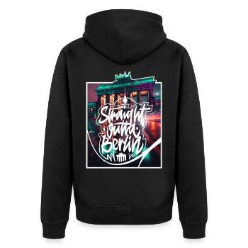 Straight Outta Berlin - Unisex Premium Bio Zip Hoodie - Schwarz - Hinten - Nico (187cm)