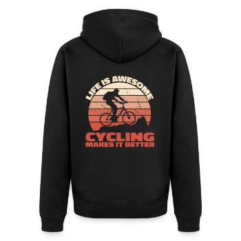 Life Is Awesome – Cycling Makes It Better - Unisex Premium Bio Zip Hoodie - Schwarz - Hinten - Nico (187cm)