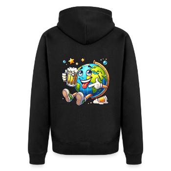 Globe with beer comic style funny motif - Unisex Premium Organic Zip Hoodie - black - Back - Nico (187cm)