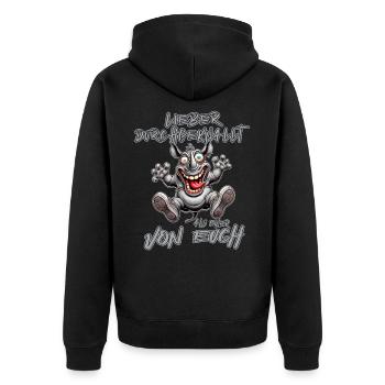 Verrücktes Nashorn Lieber durchgeknallt als einer - Unisex Premium Bio Zip Hoodie - Schwarz - Hinten - Nico (187cm)