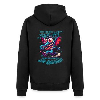 Wenn ihr mich sucht ich bin am Rande des Wahnsinns - Unisex Premium Bio Zip Hoodie - Schwarz - Hinten - Nico (187cm)