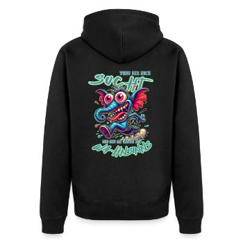 Wenn ihr mich sucht, ich bin am Rande des Wahnsinn - Unisex Premium Bio Zip Hoodie - Schwarz - Hinten - Nico (187cm)