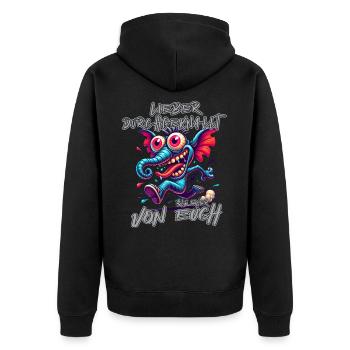 Lieber verrückt als einer von euch – Elefant - Unisex Premium Bio Zip Hoodie - Schwarz - Hinten - Nico (187cm)