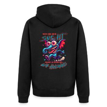 Wenn ihr mich sucht, ich bin am Rande des Wahnsinn - Unisex Premium Bio Zip Hoodie - Schwarz - Hinten - Nico (187cm)