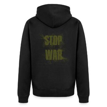 STOP WAR – NO WAR - PEACE - Unisex Premium Bio Zip Hoodie - Schwarz - Hinten - Nico (187cm)