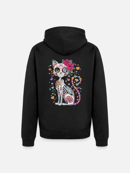 Sugar Skull Cat – Día de los Muertos - Premium økologisk unisex-hættejakke - sort