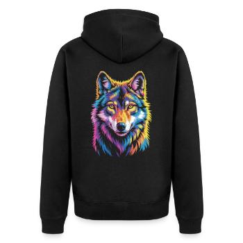 Bunter Wolf – wild und frei - Unisex Premium Bio Zip Hoodie - Schwarz - Hinten - Nico (187cm)