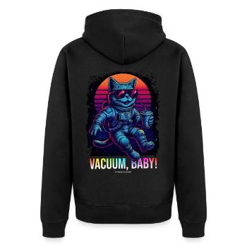 Retro Space Shirt "Vaccum, Baby!" – Synthwave Katz - Unisex Premium Bio Zip Hoodie - Schwarz - Hinten - Nico (187cm)