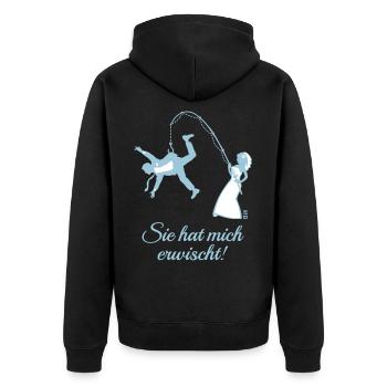 Sie Hat Mich Erwischt! (Junggesellenabschied JGA) - Unisex Premium Bio Zip Hoodie - Schwarz - Hinten - Nico (187cm)