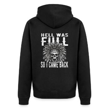 Totenkopf - Die Hölle war voll, also bin zurück - Unisex Premium Bio Zip Hoodie - Schwarz - Hinten - Nico (187cm)