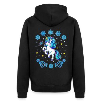 Winter 2022 blaues Einhorn mit Schneeflocken - Unisex Premium Bio Zip Hoodie - Schwarz - Hinten - Nico (187cm)