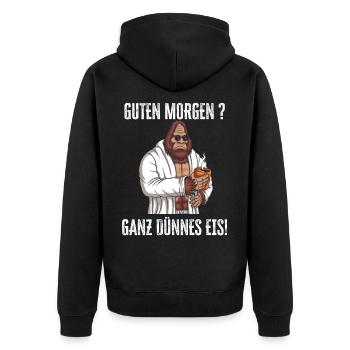 Guten Morgen - Ganz dünnes Eis Spruch Kaffee - Unisex Premium Bio Zip Hoodie - Schwarz - Hinten - Nico (187cm)